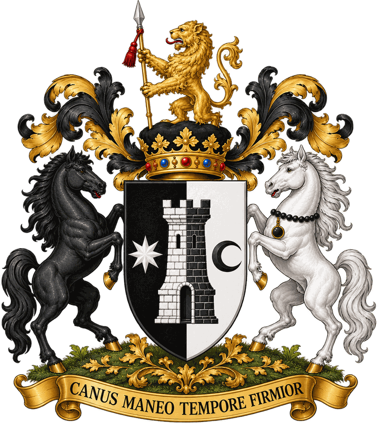 The Grey family coat of arms: a tower between a star and a crescent on a black and white shield, a gold lion above, a black horse and a white horse either side.